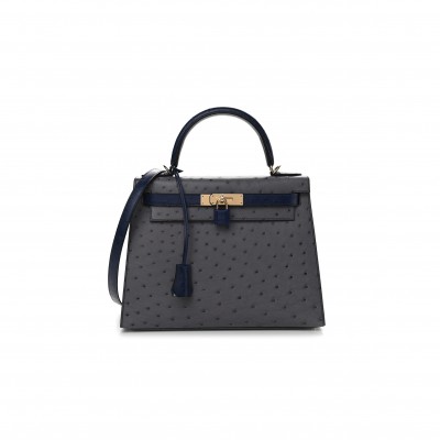 HERMÈS MASTER OSTRICH HORSESHOE KELLY SELLIER 28 GRIS AGATE BLEU IRIS (28*22*10cm) 